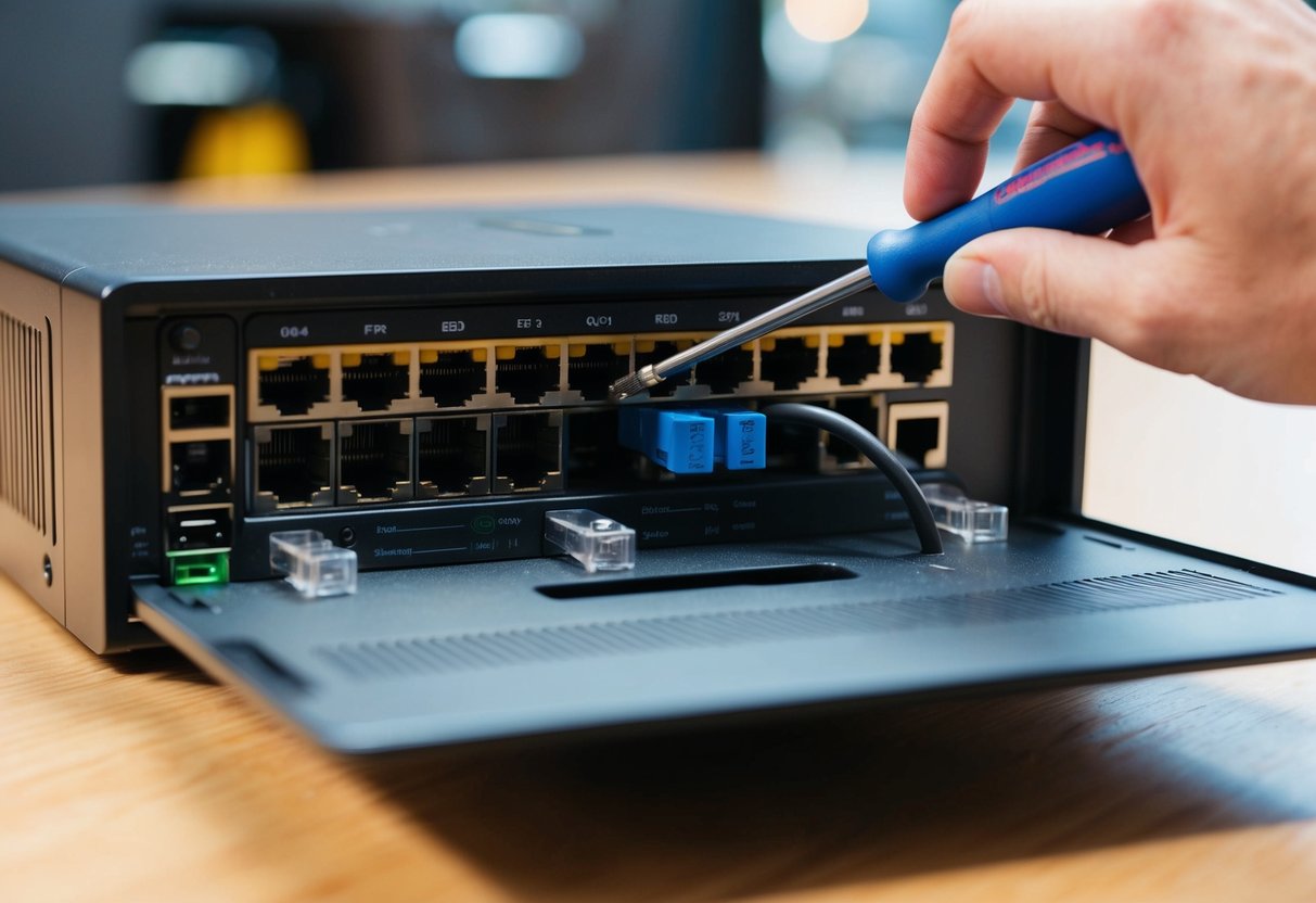Una persona usando un destornillador para abrir el panel trasero de un enrutador, con cables y puertos visibles en el interior.