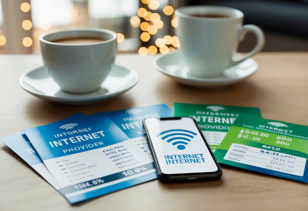 Una casa moderna sin internet fijo, que cuenta con un teléfono inteligente y varios folletos de proveedores de internet con diferentes tarifas.