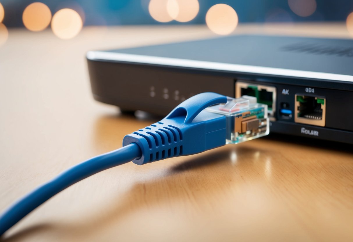 Un cable Ethernet conectado a un dispositivo, con un router en el fondo