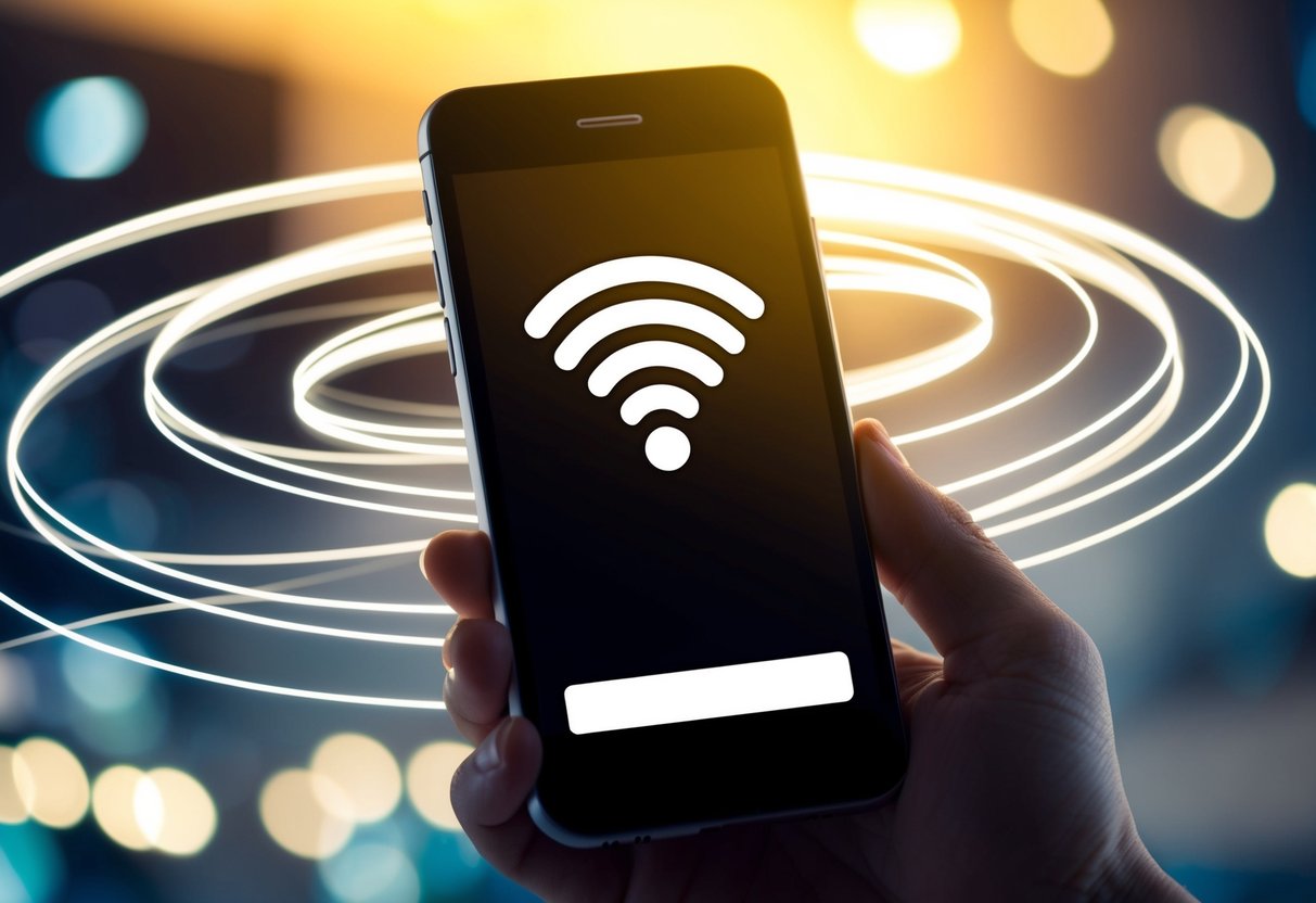 Un teléfono inteligente con un símbolo de wifi, rodeado de líneas en espiral que representan una conexión interrumpida