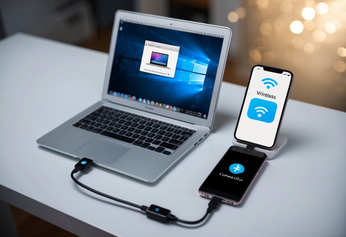 Un teléfono móvil conectado a una computadora portátil a través de un cable USB, con ambos dispositivos mostrados en un escritorio. También se muestra una opción de conexión inalámbrica con un ícono de computadora.