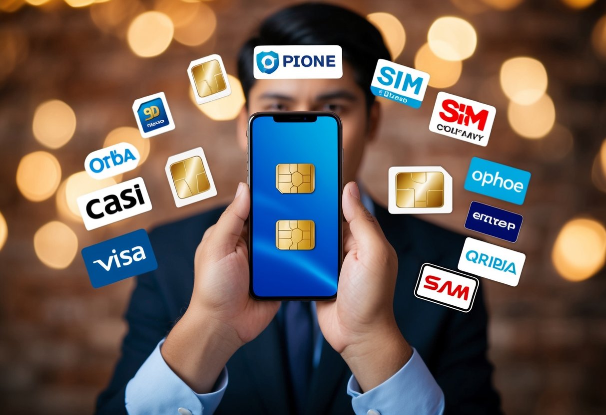 Una persona sosteniendo un teléfono con una tarjeta SIM en una mano y una tarjeta SIM diferente en la otra, rodeada de varios logotipos de compañías telefónicas.