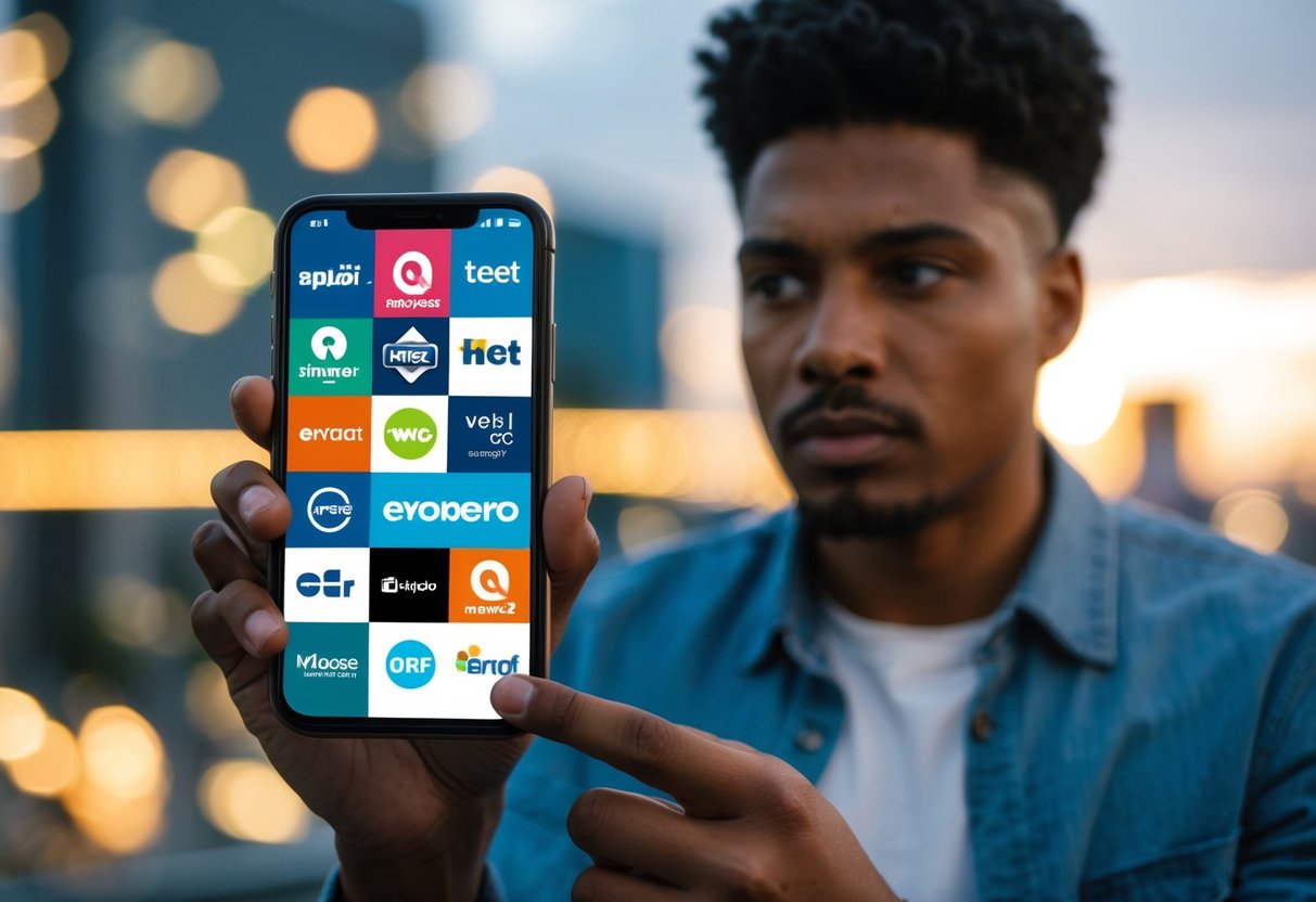 Una persona sosteniendo un teléfono con varios logotipos de proveedores de red mostrados, mientras mira de manera contemplativa.