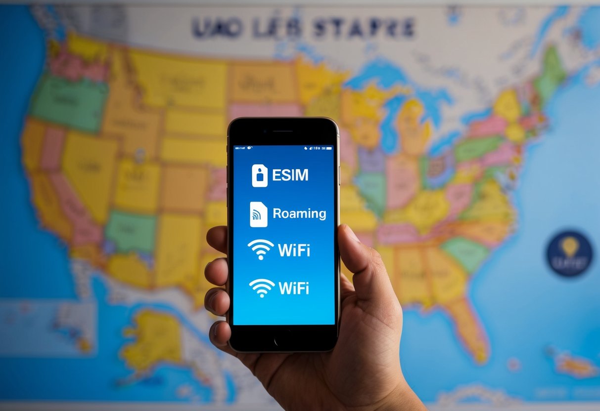 Un teléfono inteligente que muestra símbolos de eSIM, roaming y wifi con un mapa de los Estados Unidos de fondo