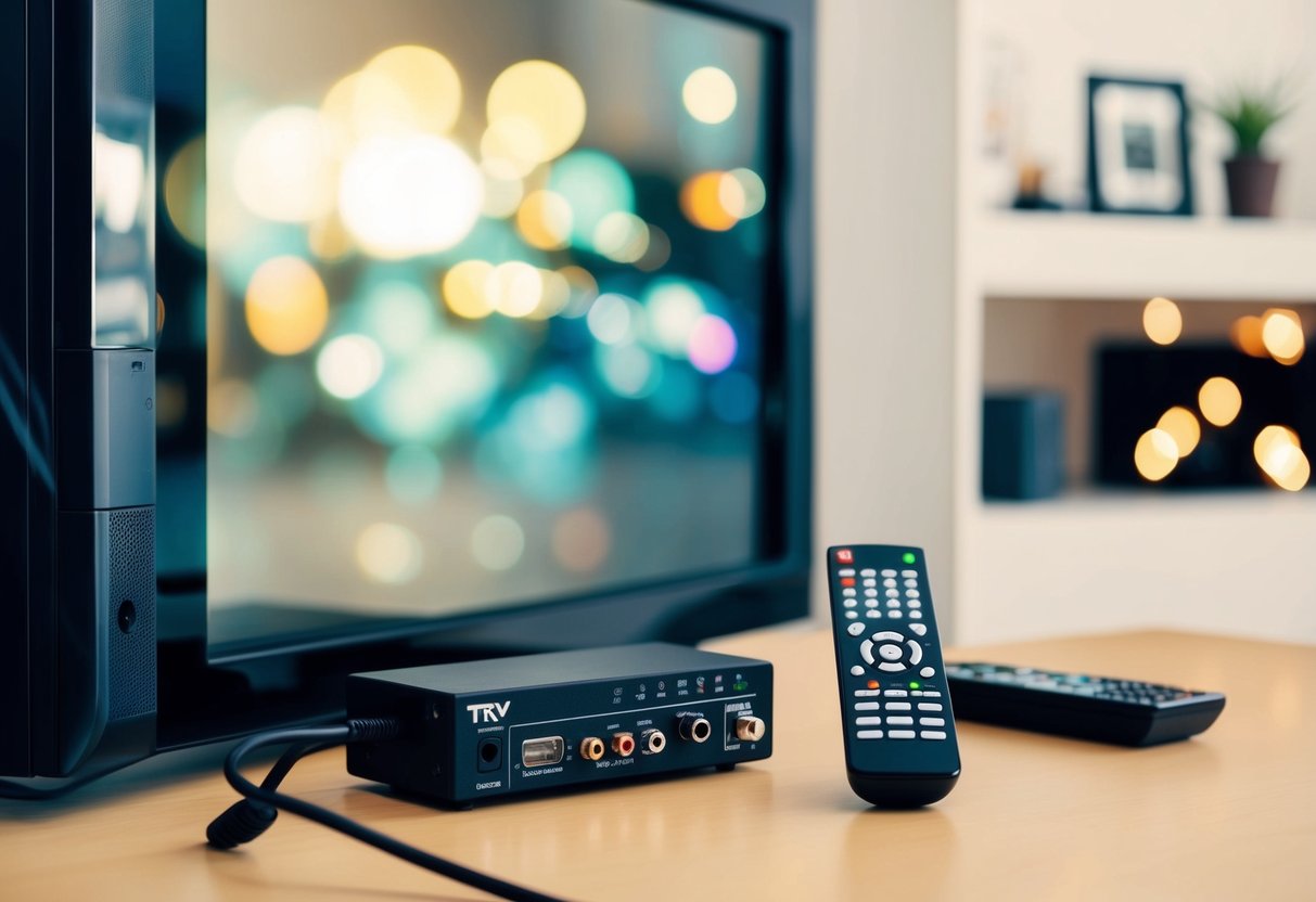 Un decodificador de TV conectado a un televisor, con cables y un control remoto cerca.