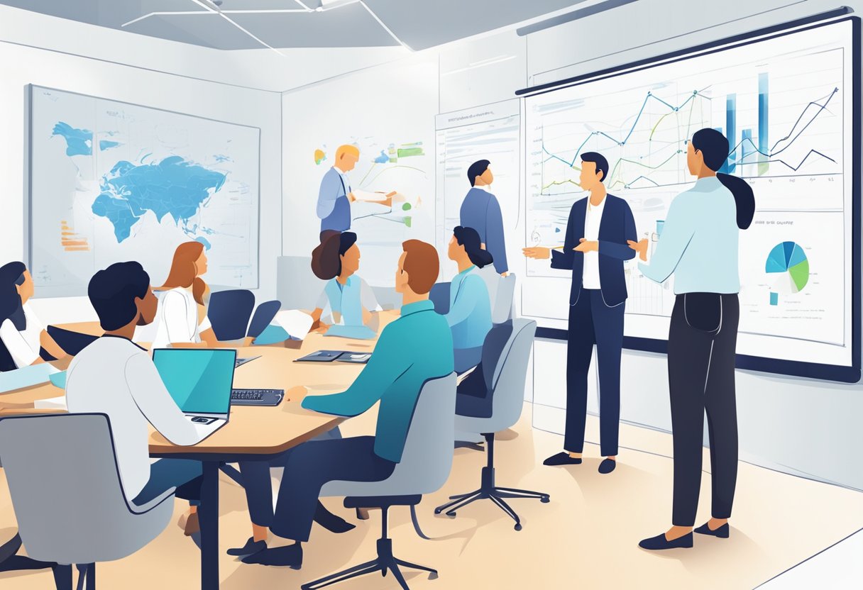 Un grupo de operadores de red discutiendo soluciones de CG-NAT en una sala de conferencias, con diagramas y gráficos exhibidos en una pizarra.