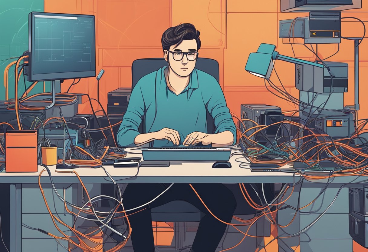 Una persona sentada en un escritorio con una expresión de frustración, rodeada de dispositivos electrónicos y cables. El enrutador de internet parpadea en rojo.