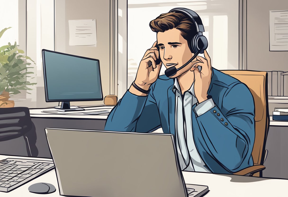 Una persona al teléfono, gesticulando frustración mientras habla con un representante de servicio al cliente. El representante está sentado en un escritorio con una computadora y un auricular.