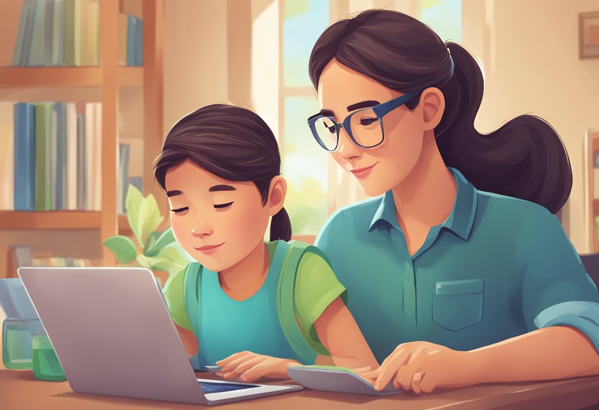 Un padre guiando a un niño a través del menú de configuración de un dispositivo digital