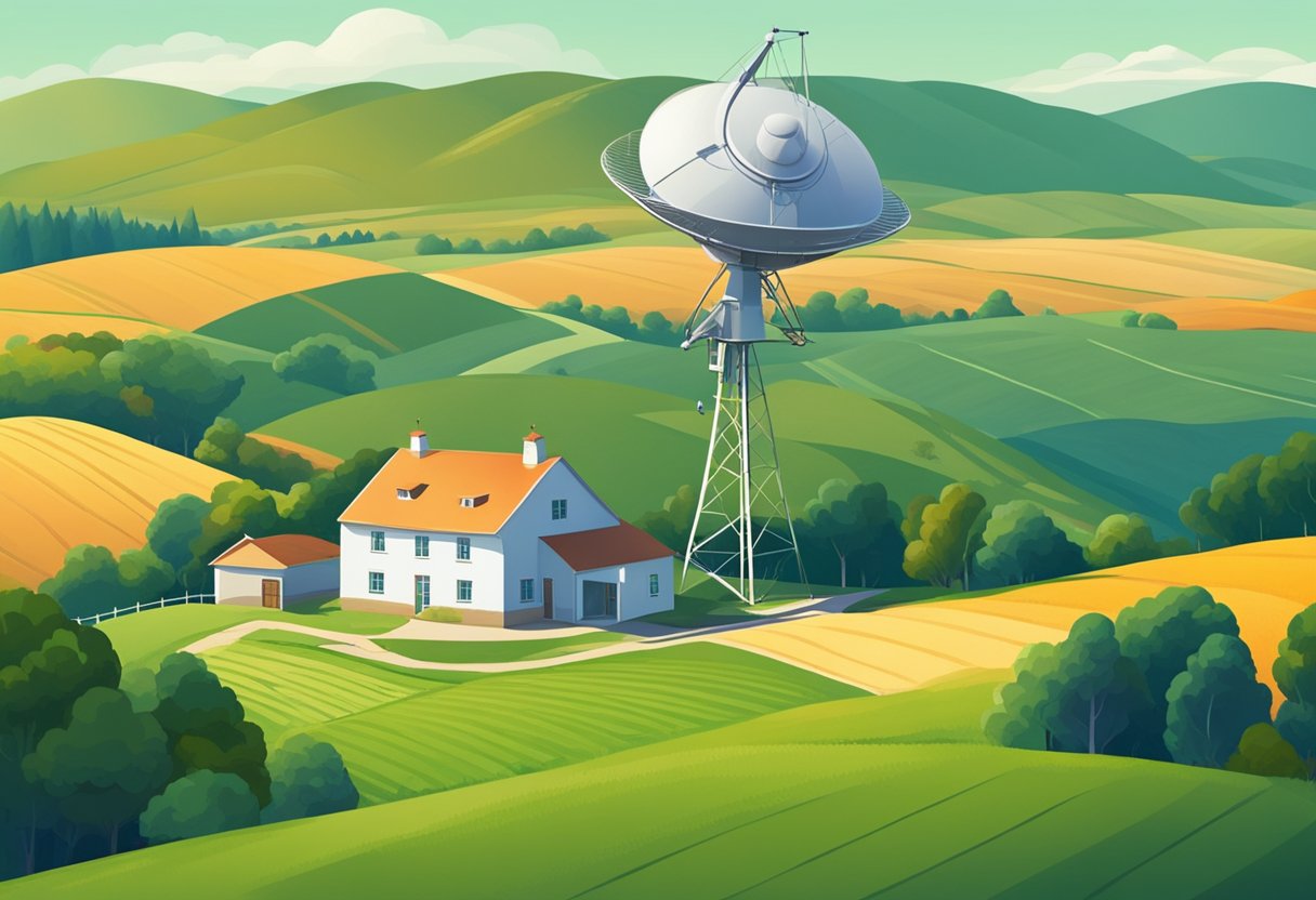 Un paisaje rural con una casa de campo en la distancia, rodeada de colinas y campos. Una antena parabólica está montada en el techo, proporcionando acceso a Internet.