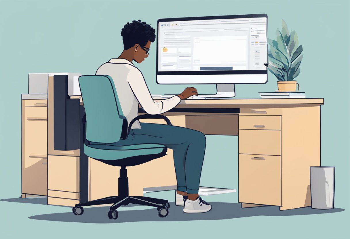 Una persona sentada en un escritorio, usando una computadora para registrarse en Lista Robinson. La pantalla de la computadora muestra el sitio web y un proceso simple paso a paso.