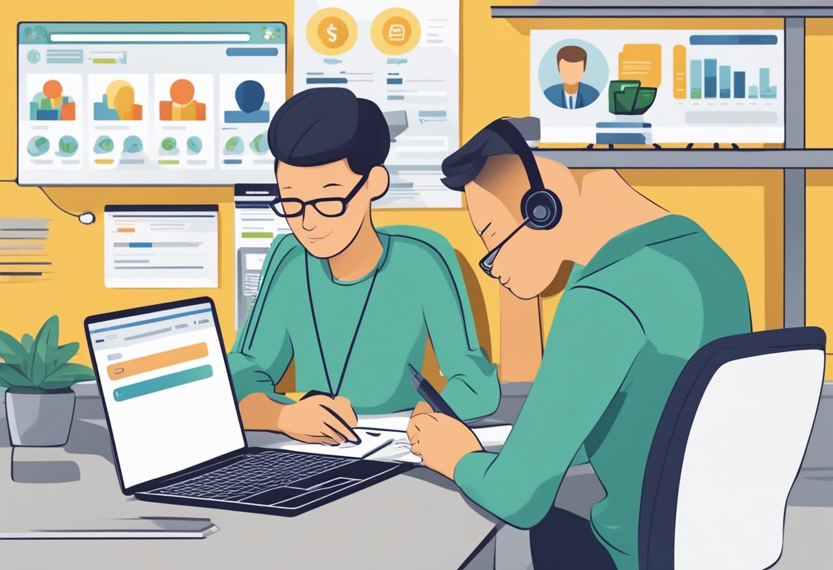 Una persona usando un teléfono inteligente para inscribirse en un servicio de teleasistencia, con una computadora portátil que muestra diferentes opciones de precios en el fondo