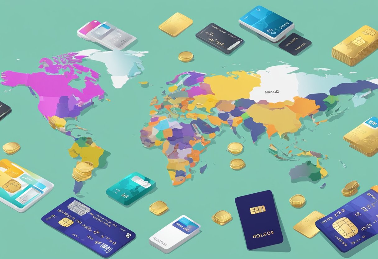 Una colorida exhibición de tarjetas eSIM de Holafly y Nomad dispuestas sobre un mapa del mundo, rodeadas de elementos esenciales de viaje como pasaportes, boletos de avión y una cámara.