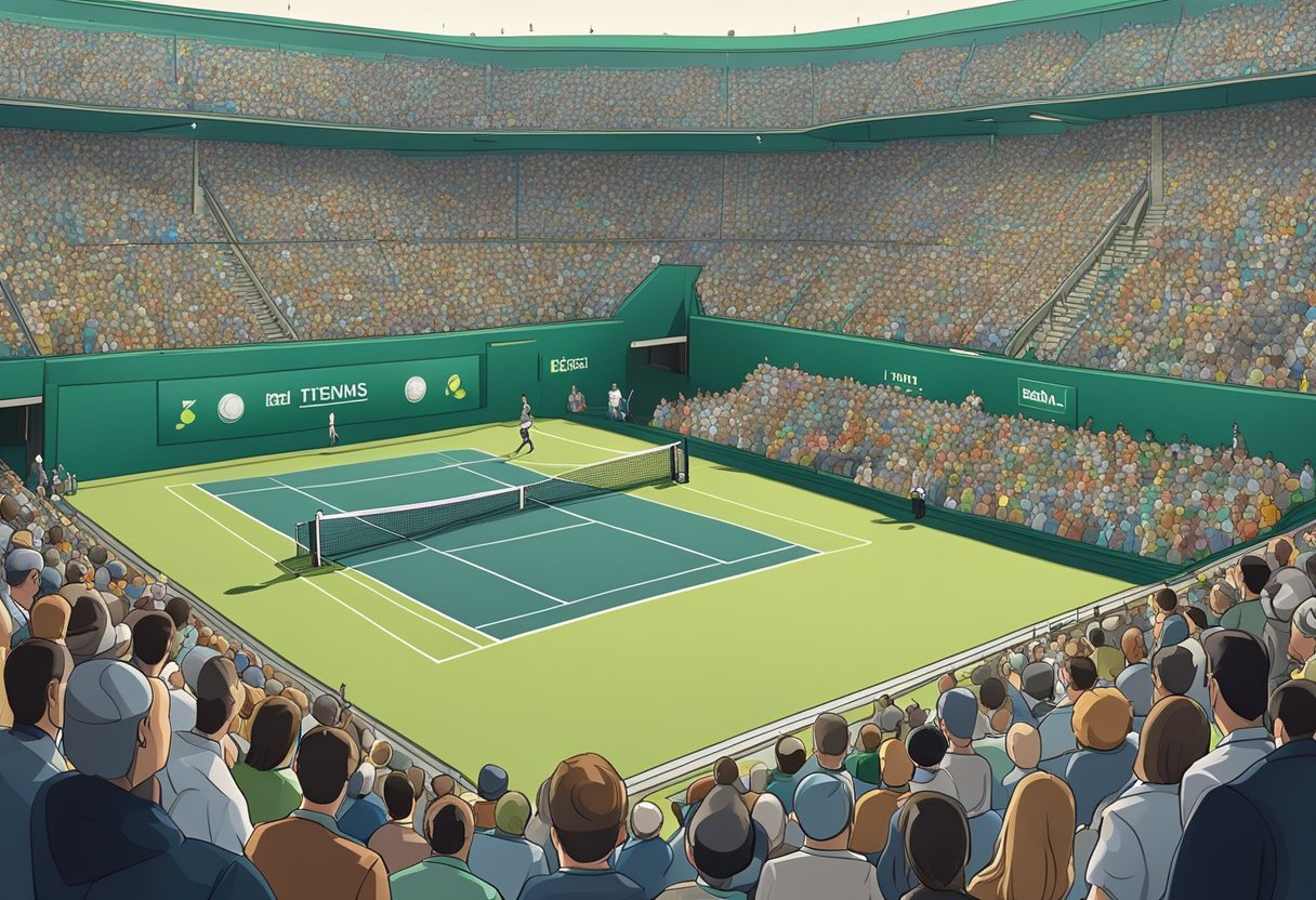 Una cancha de tenis con una pantalla grande transmitiendo un partido en vivo a una multitud de espectadores