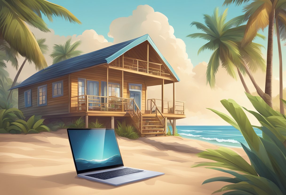 Una acogedora casa de playa con una computadora portátil y un enrutador Wi-Fi, rodeada de palmeras y una orilla de arena