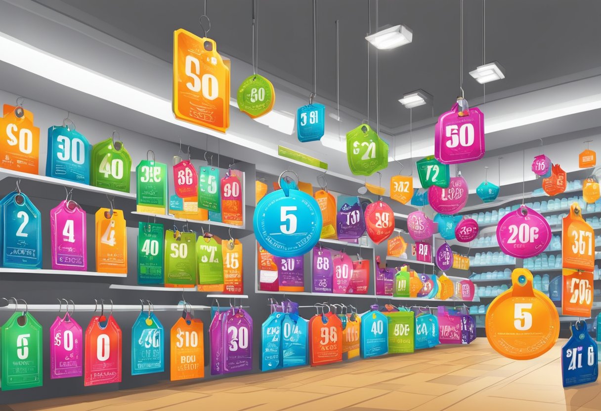 Una colorida variedad de etiquetas de precio y letreros de descuento, con diseños vibrantes y llamativos, exhibidos en un entorno minorista.