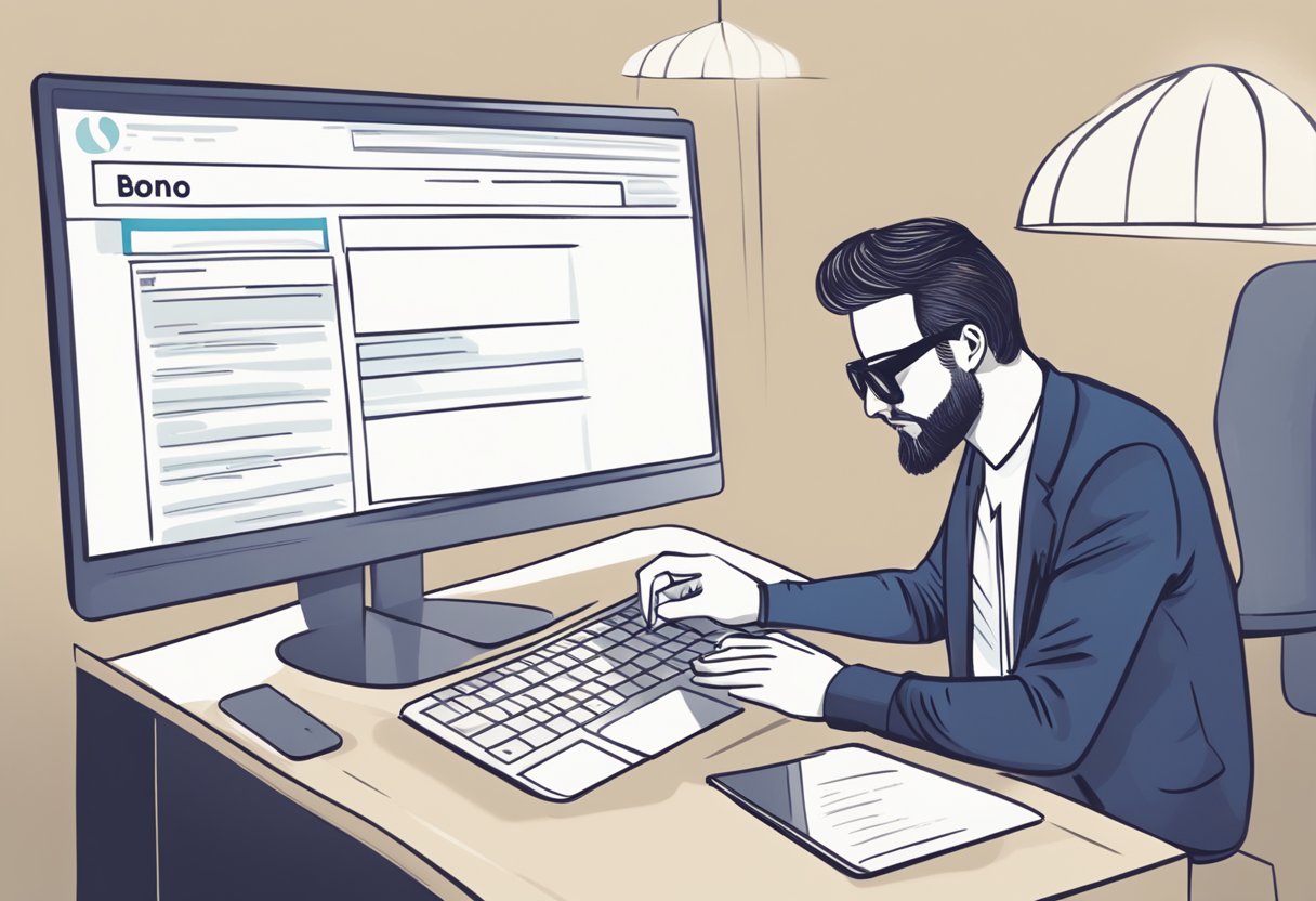 Una persona sentada en un escritorio con una laptop, mirando una página web sobre 'Bono social internet' y llenando un formulario en línea.