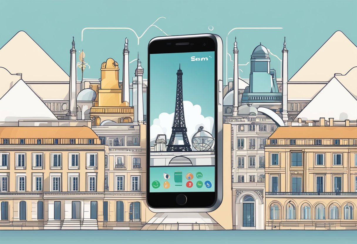 Un smartphone con eSIM, tarjeta SIM y símbolo de wifi rodeado de icónicos monumentos franceses como la Torre Eiffel y el Museo del Louvre
