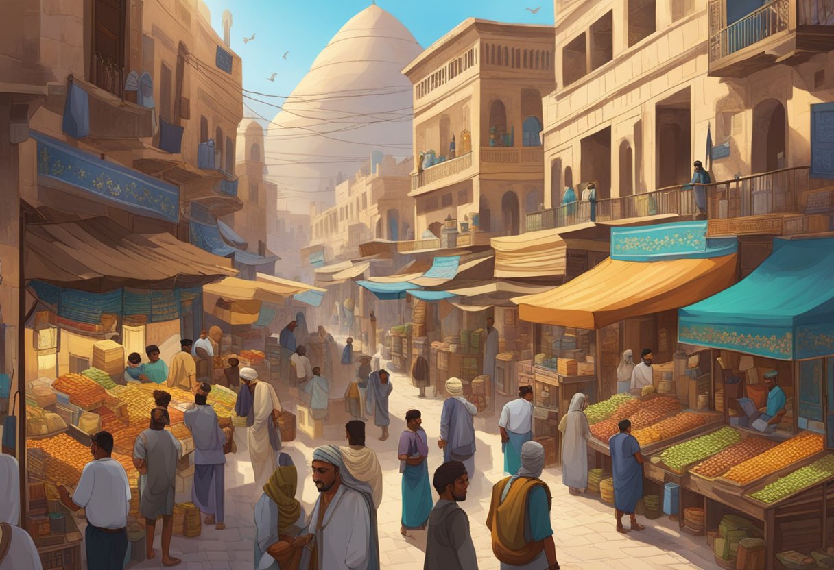 Un bullicioso mercado egipcio con vendedores que venden eSIM y tarjetas SIM tradicionales en medio de coloridas tiendas y arquitectura antigua