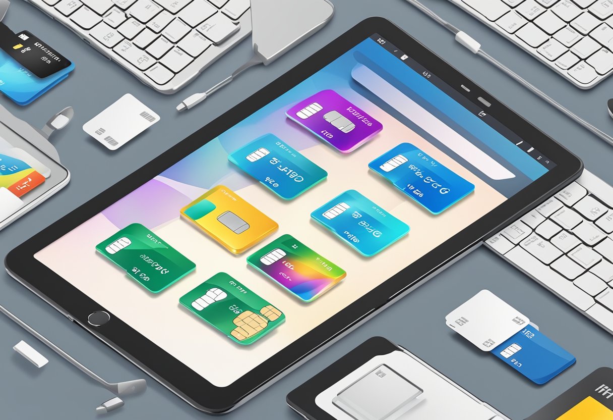 Una tableta con una tarjeta SIM siendo insertada, rodeada de varias opciones de tarjetas SIM y etiquetas de precio.