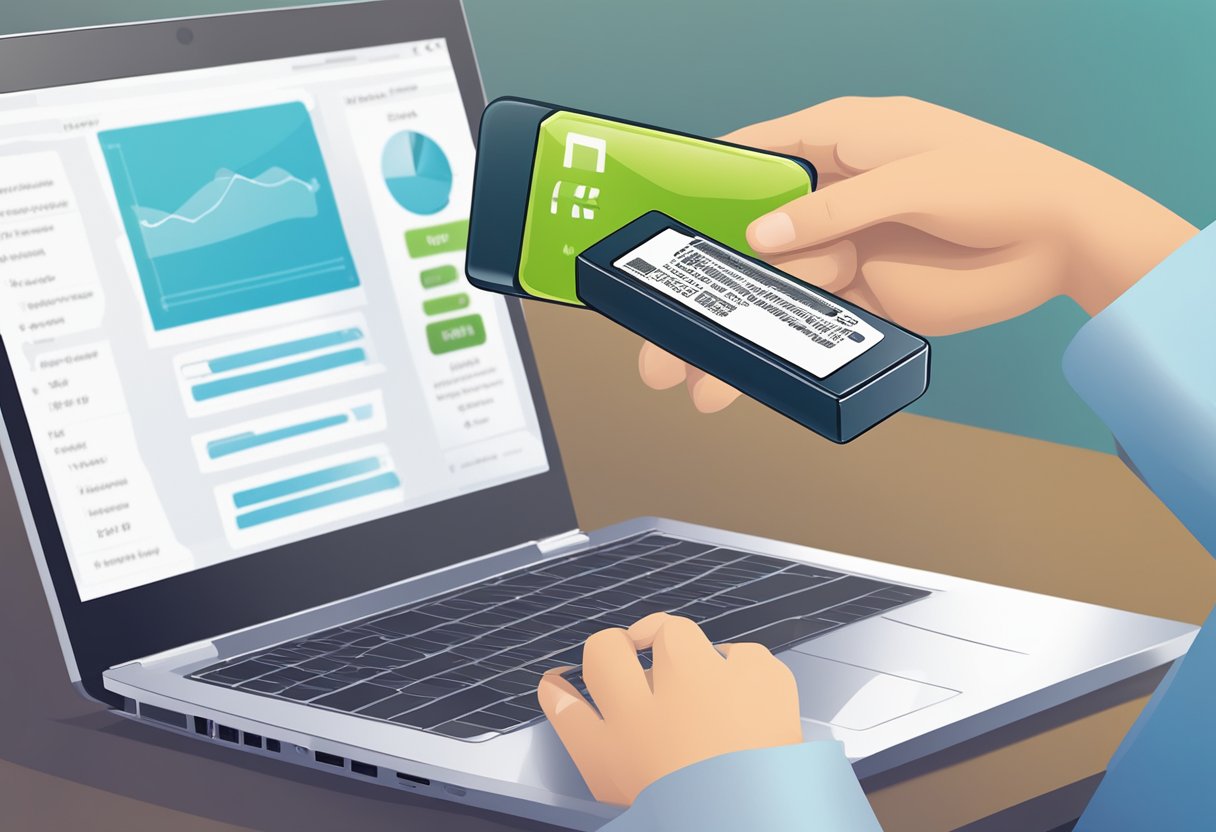 Una mano sosteniendo un módem USB portátil 4G, con una opción de contrato o prepago mostrada en una pantalla de computadora.