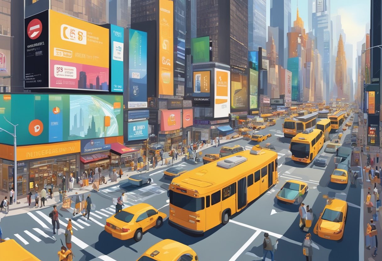 Una bulliciosa calle de la ciudad de Nueva York con rascacielos icónicos y vallas publicitarias, que presenta tiendas de electrónica y operadores móviles que publicitan tarjetas SIM, eSIM y servicios de roaming.