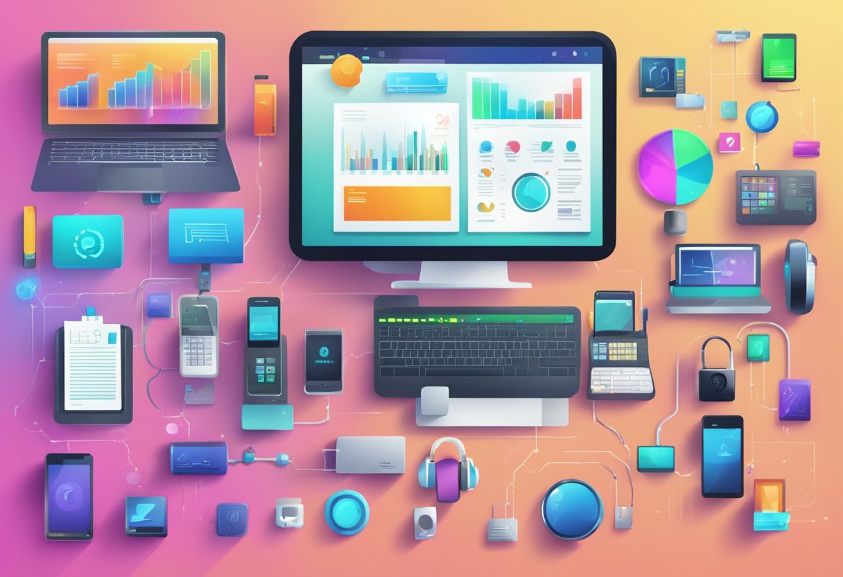 Un vibrante collage de dispositivos electrónicos y símbolos de datos, con un enfoque en la firma de un contrato